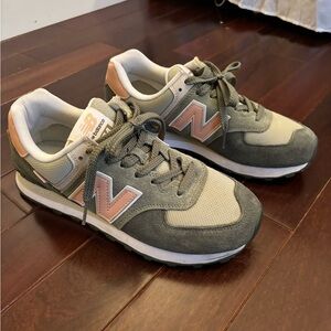 New Balance 574  Olive and Peach Sneakers